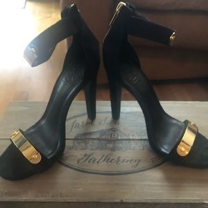 Tory Burch Black Suede Heels w/Gold plated details
